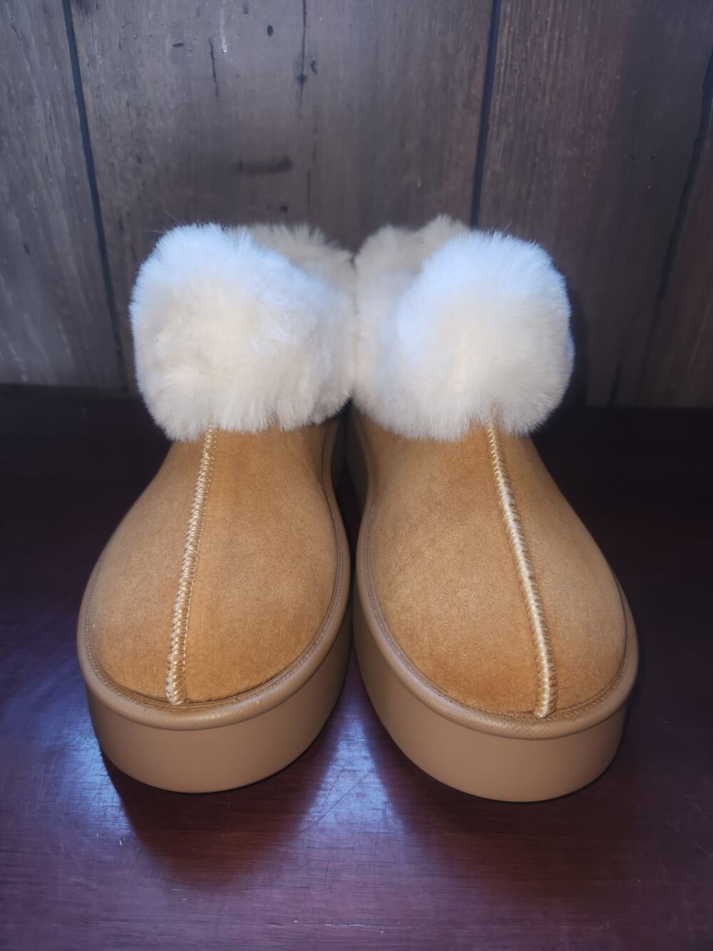 Tan Suede Faux Fur Trim Flat Slide Mule Sandals Women's Size 8 Boho